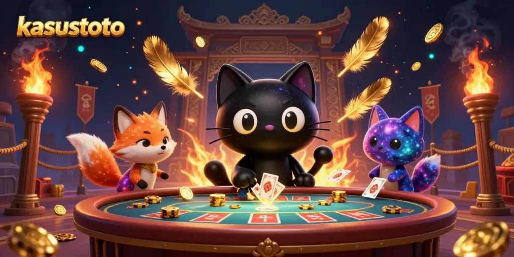 Kasustoto menghadirkan pengalaman bermain slot online dengan karakter kucing hitam yang menarik koin emas dan kartu di kasino kosmik.