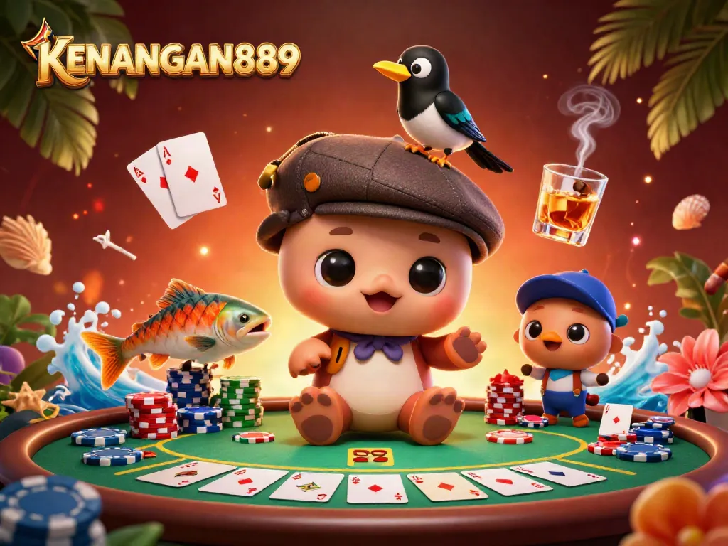 Experience KENANGAN889’s exciting casino ambiance with cartoon Nessie, poker elements, and dynamic characters.