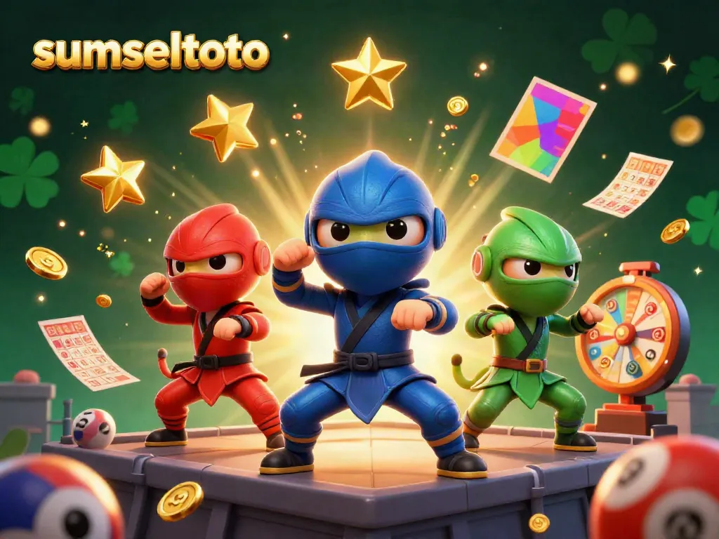 Sumseltoto lottery fun with vibrant chameleon ninjas and flying bingo balls in a dynamic casino scene