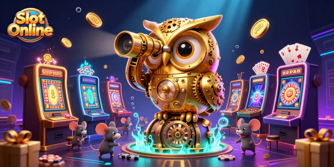 Spin the reels at Slot Online casino, featuring a golden owl, thrilling slot machines, and exciting gameplay elements.