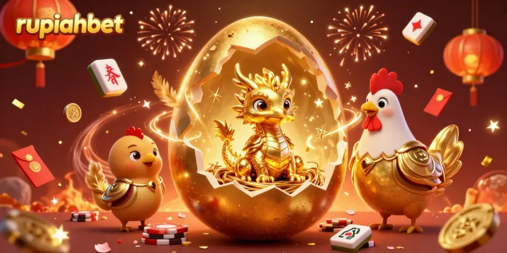 Experience the thrilling games at Rupiahbet with a crystallized dragon and vibrant casino elements.