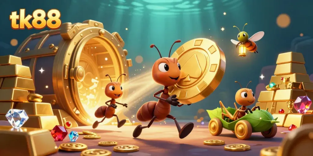 Watch the tk88 team of ants escape with a giant poker chip amidst swirling gold treasures.