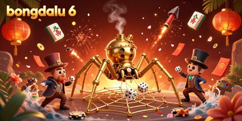 Bongdalu 6 showcases a whimsical scene with a steampunk spider trapping dice, making it captivating for gambling enthusiasts.