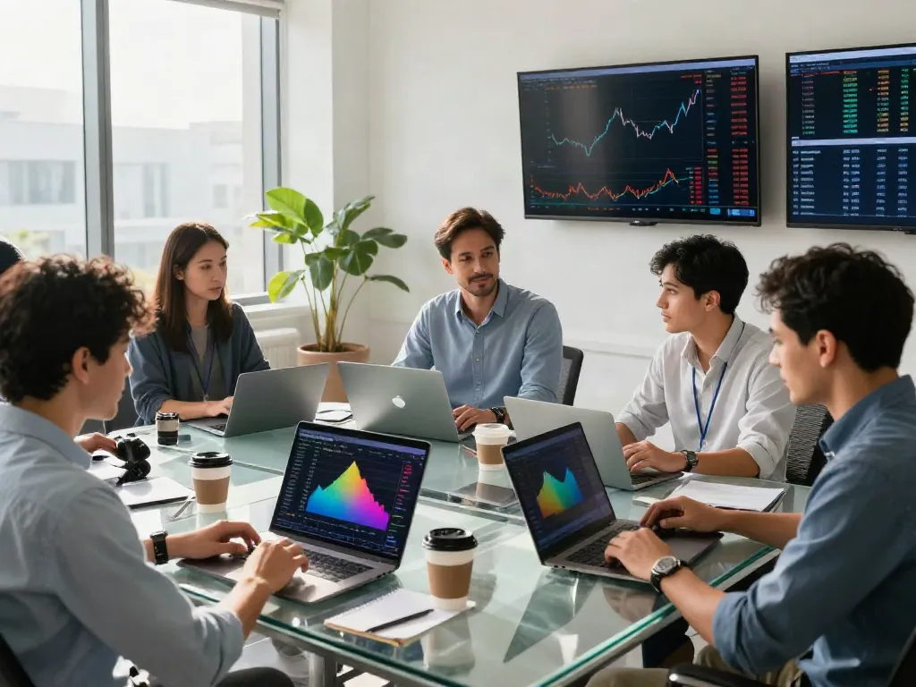 MEXC US Stocks trading scene with financial analysts collaborating on real-time data and market trends.
