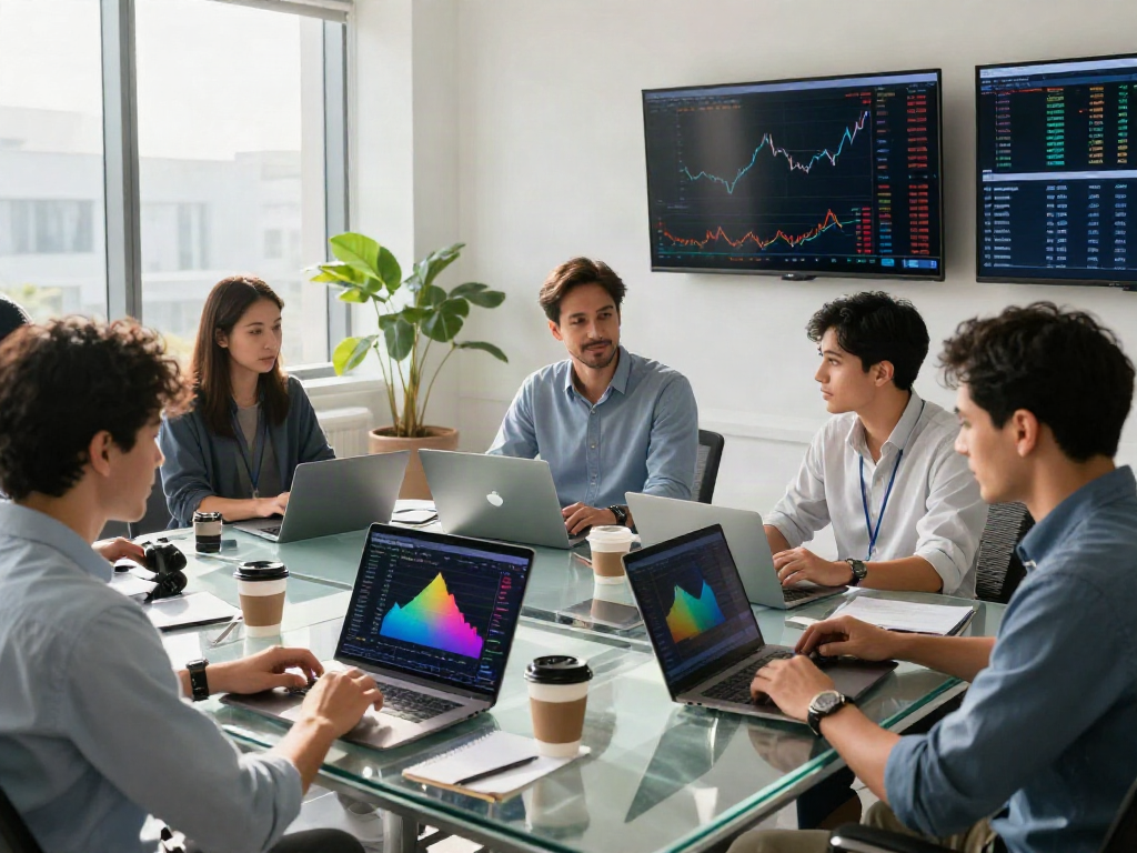 MEXC US Stocks trading scene with financial analysts collaborating on real-time data and market trends.