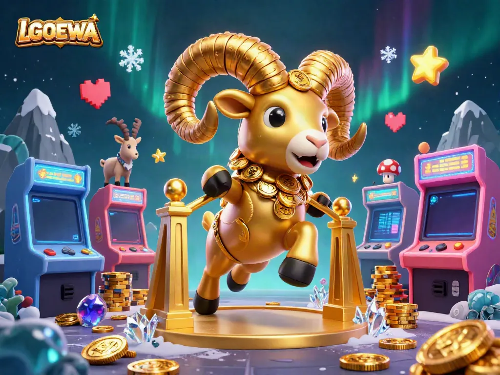 Experience the gaming action at LGODEWA with an enchanting golden ram and colorful arcade elements.