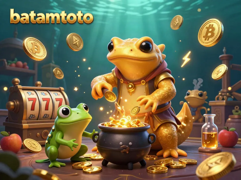 Experience batamtoto excitement with a 3D cartoon scene of an alchemist transforming gold and slot elements.
