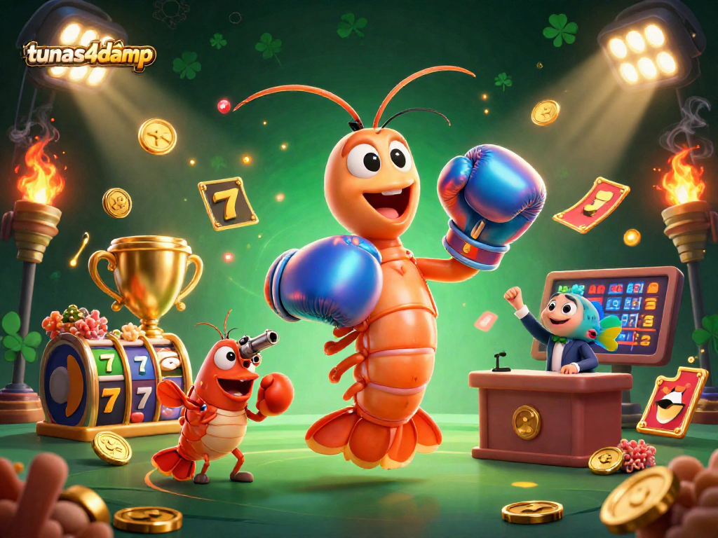 Tune into tunas4damp with a vibrant 3D illustration showcasing advanced slot game elements and lively characters.