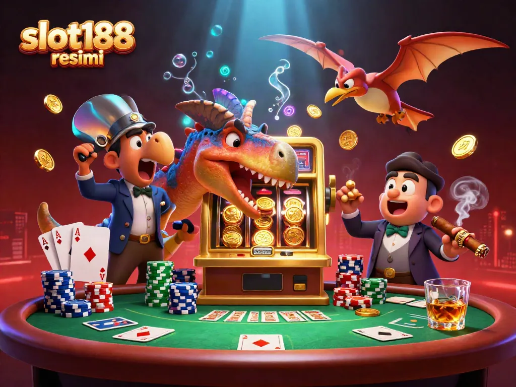 Menggambarkan keseruan slot188 resmi dengan dinosaur yang menyerang mesin slot emas untuk jackpot sambil mengumpulkan koin emas terbang.