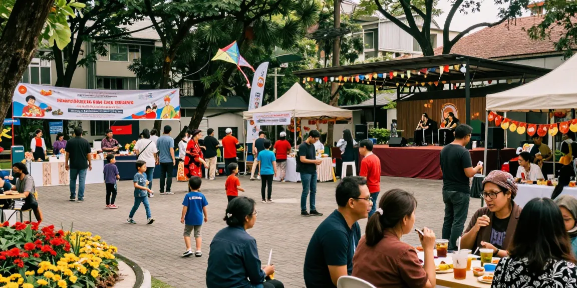 Acara komunitas Leci123 yang meriah di taman kota dengan makanan lokal dan aktivitas masyarakat.