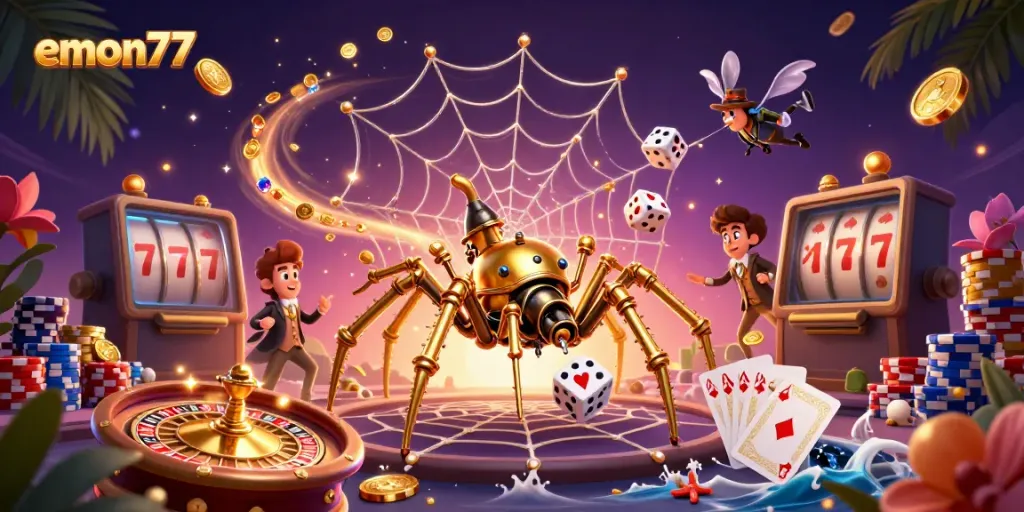 Craft your winning strategy with emon77, showcasing a steampunk spider navigating a vibrant gambling web.