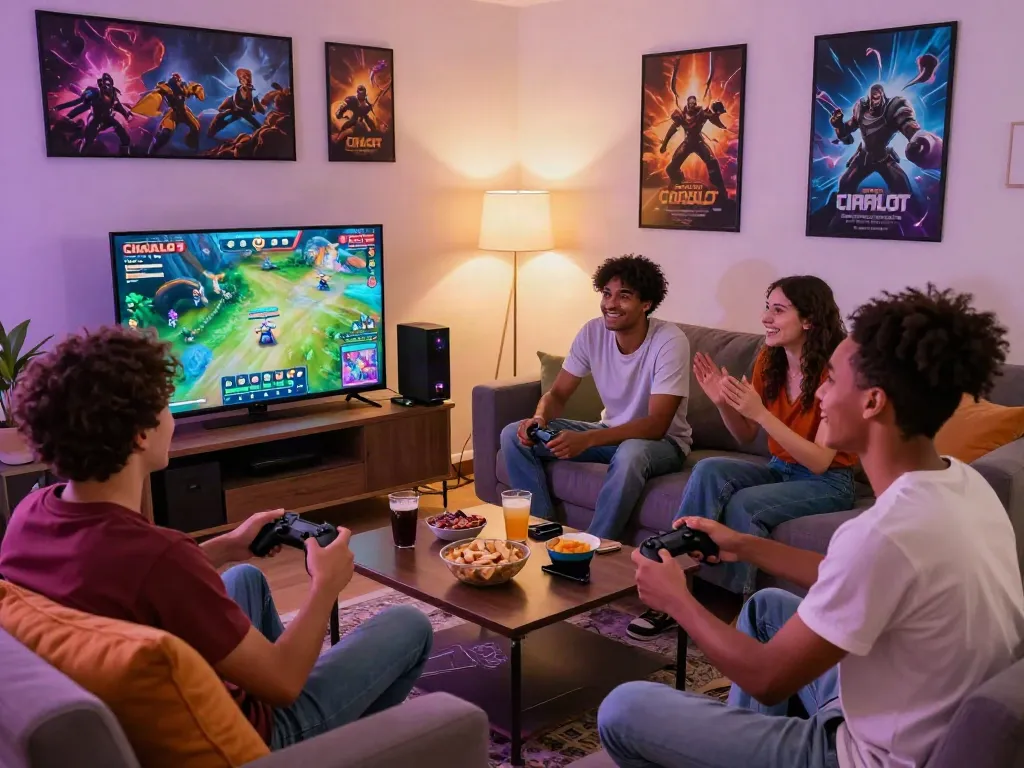 Friends enjoying CIKASLOT offline games in a cozy living room, highlighting a fun gaming atmosphere.