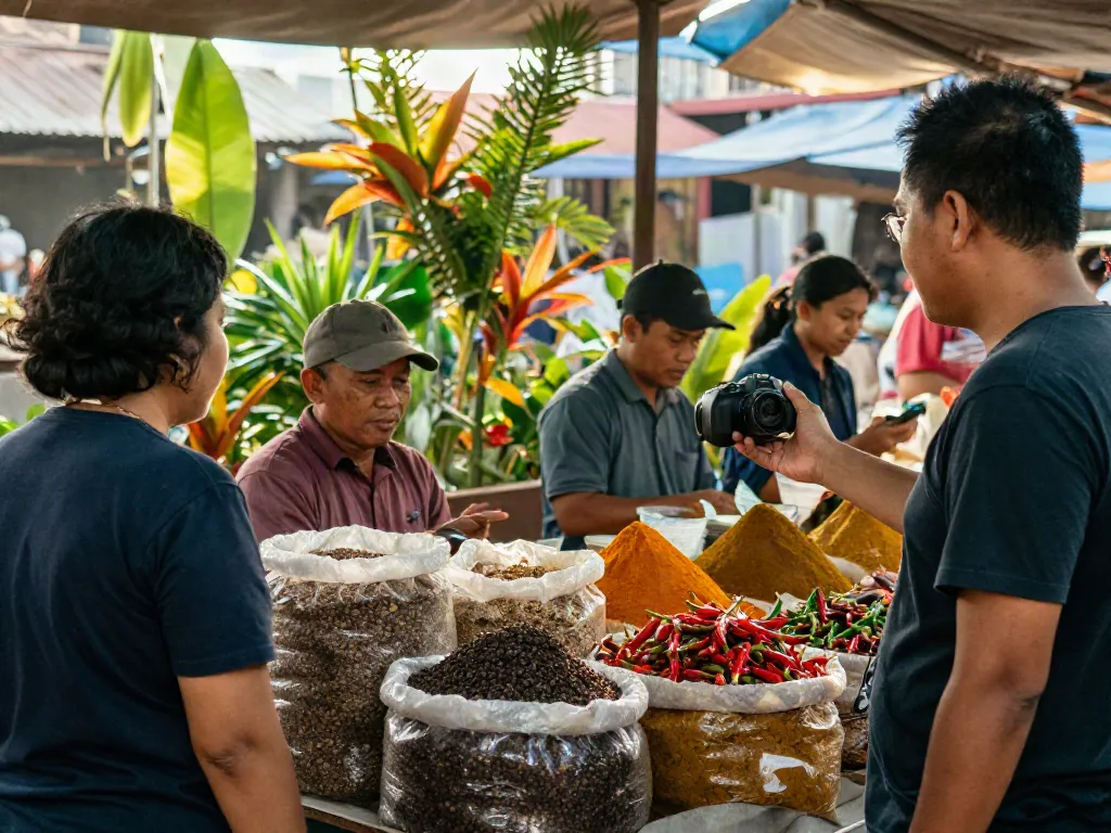 Pasar rempah-rempah Indonesia dengan lada pecah25 dan interaksi pelanggan yang hidup