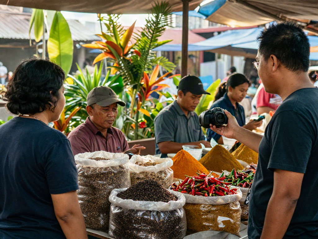 Pasar rempah-rempah Indonesia dengan lada pecah25 dan interaksi pelanggan yang hidup