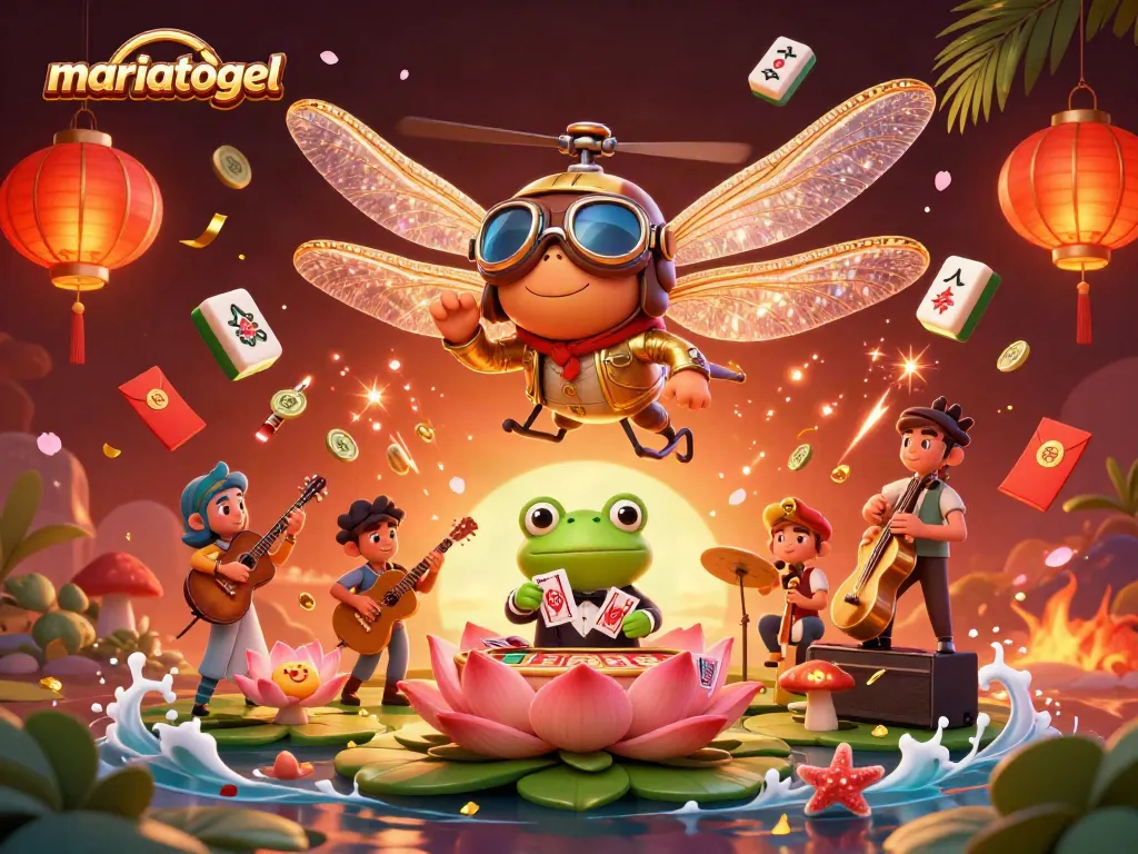 Experience thrilling gameplay at mariatogel with dynamic casino-themed 3D illustration featuring a dragonfly pilot and frog croupier.