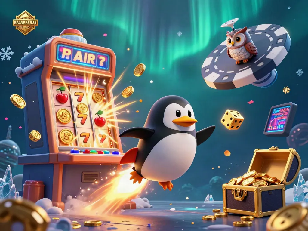 Experience the thrill of RAJAAKURAT with a golden penguin soaring toward a casino station amidst jackpot excitement.