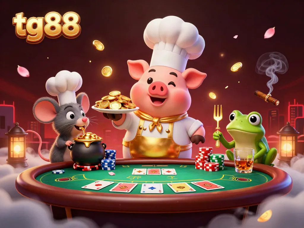 Experience tg88 with a lively chef pig serving gold coins, alongside a mouse and frog, in a vibrant casino scene.