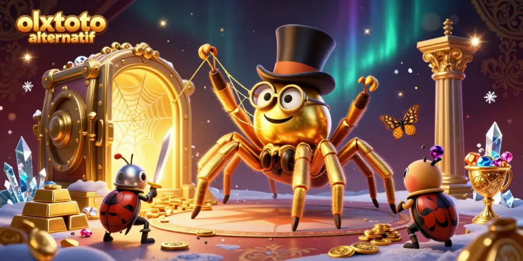 Experience the thrill of olxtoto alternatif as a brave beetle knight confronts a golden tarantula in a vibrant casino.
