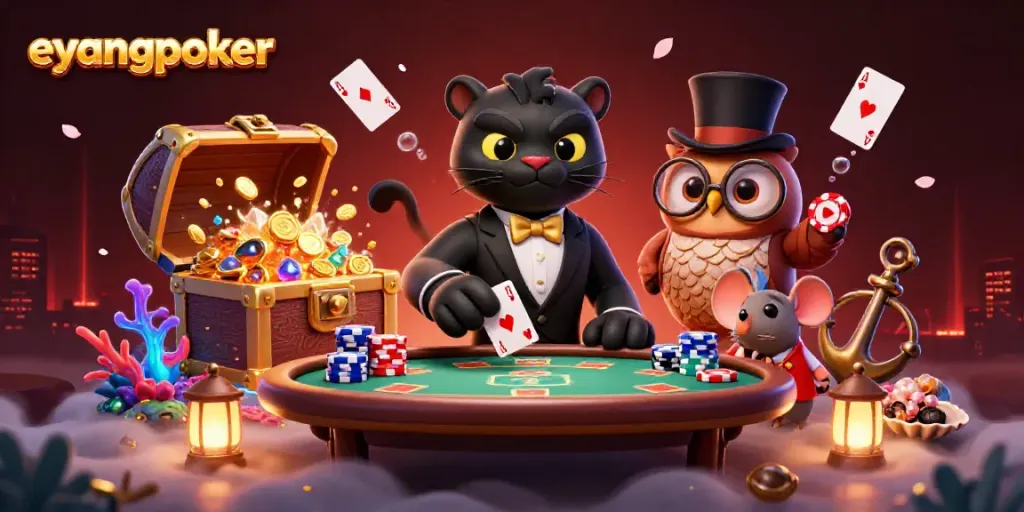 Eyangpoker menawarkan pengalaman menarik dengan panther, burung hantu, dan tikus bermain kartu dan chip poker.