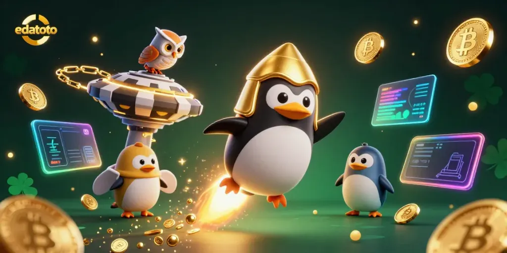 Jelajahi situs edatoto dengan ilustrasi 3D penguin emas bersemangat melintasi ruang kasino.