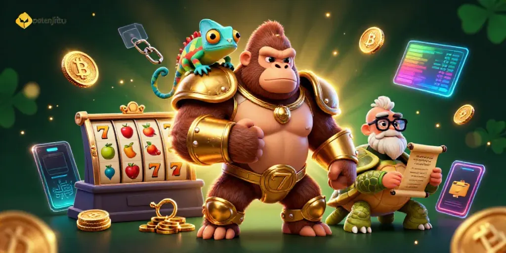Patenjitu memperlihatkan gorila raja 3D bertenaga dalam armor emas di dunia kasino, dengan elemen slot dan koin kripto