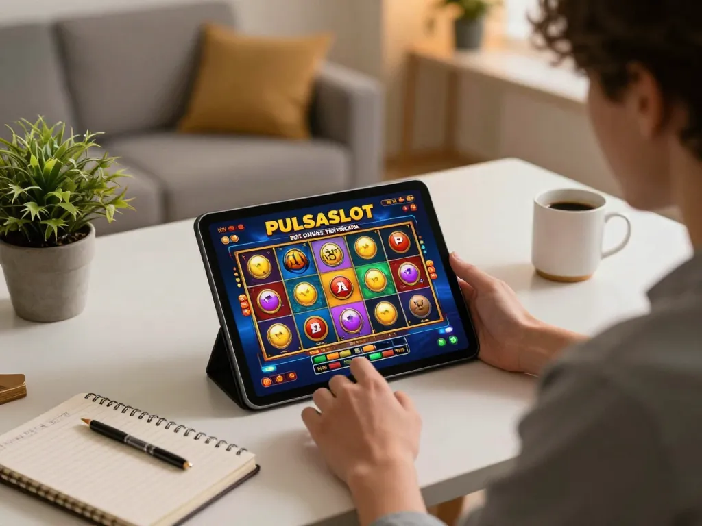 PULSASLOT SLOT ONLINE TERPERCAYA active gameplay on tablet with colorful slot reels in a cozy gaming setup