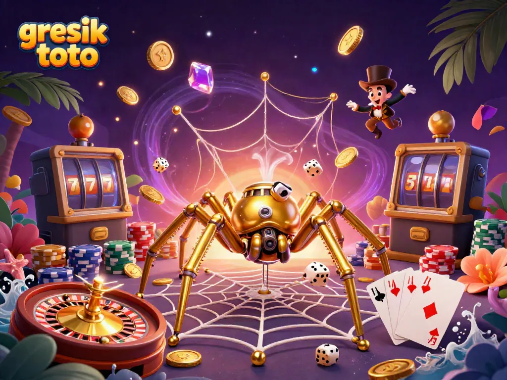 Engaging illustration of gresik toto featuring a steampunk spider and fly amidst casino elements.