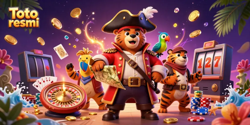 Experience thrilling adventures with Toto resmi featuring a pirate bear, tiger, and parrot amid casino delights.