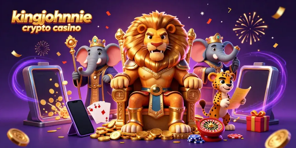 Experience the thrilling kingjohnnie crypto casino with a lion king on his throne, surrounded by dynamic gaming elements.