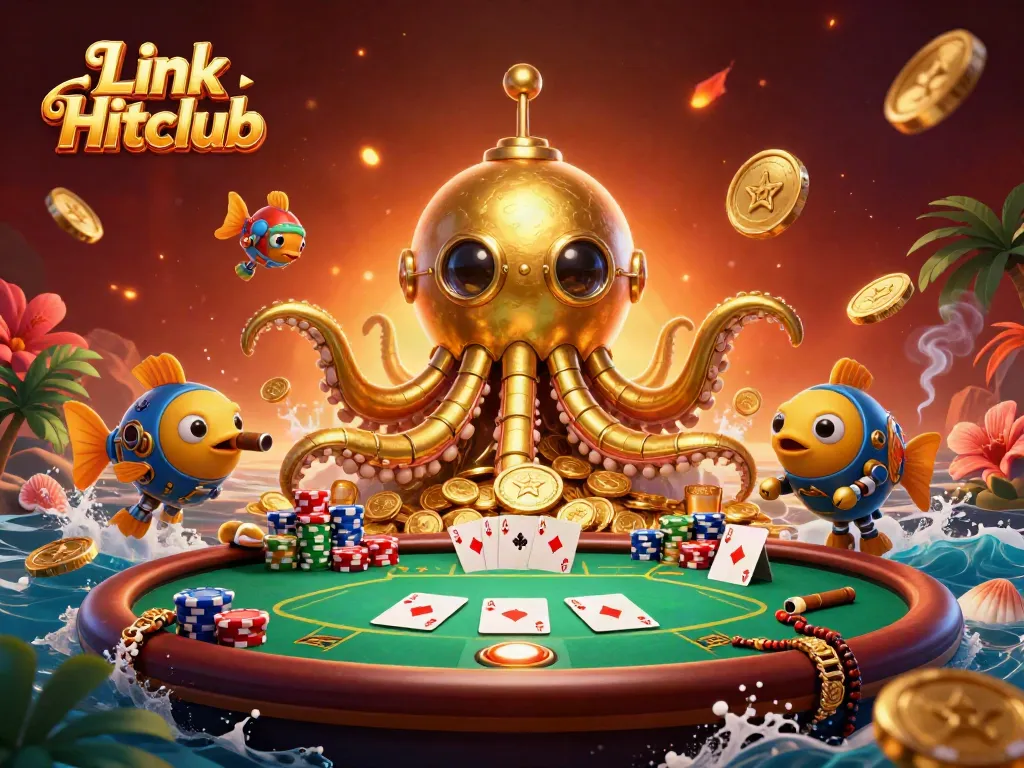 Experience the excitement of Link Hitclub with a golden kraken submarine amidst poker elements in an adventurously detailed scene.