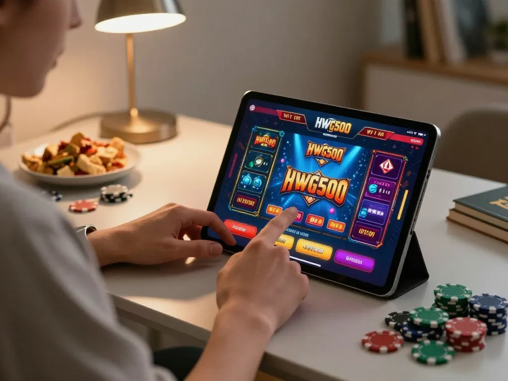 Player exploring the HWG500 app on a tablet in a cozy home setting, showcasing engaging casino gameplay.