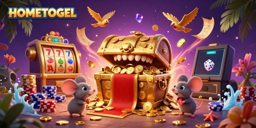 Experience the excitement of HOMETOGEL as cartoon treasure chests lure players with sparkling jackpot symbols and vibrant casino elements.