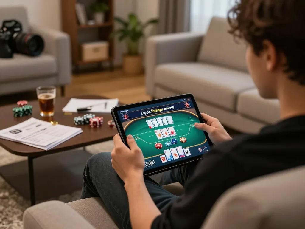 Engaging in ligasedayu login for poker on a tablet in a cozy home setting