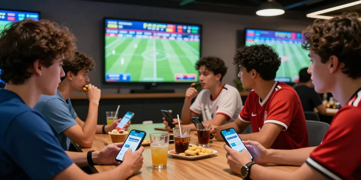tempototo betting app interface displayed on smartphones among friends in a vibrant sports lounge