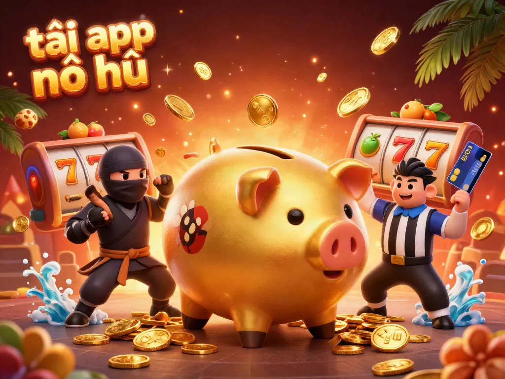 Spin to win with tải app nổ hũ, showcasing a golden piggy bank sumo wrestler and dynamic gambling elements.