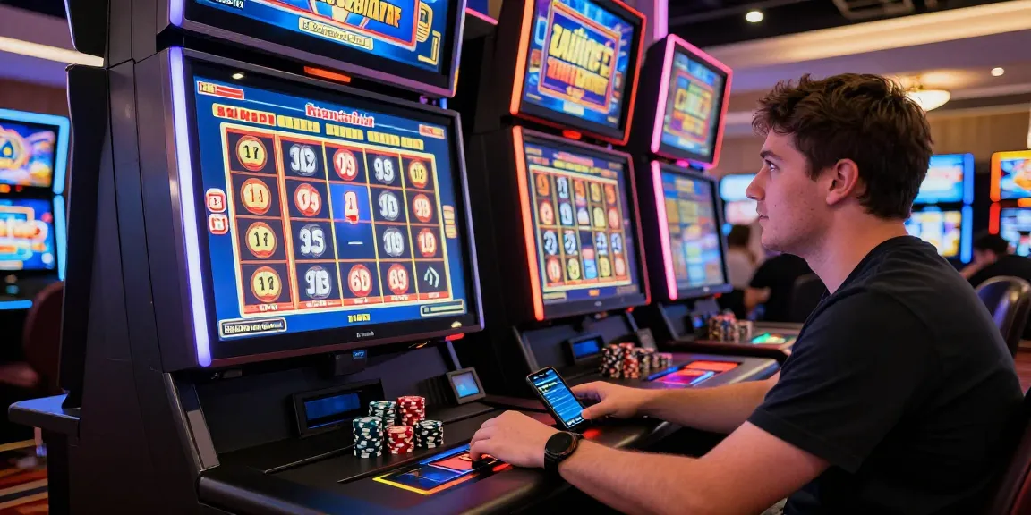 Player engaging with vibrant slot games at a modern gaming station, showcasing excitement and potential wins.