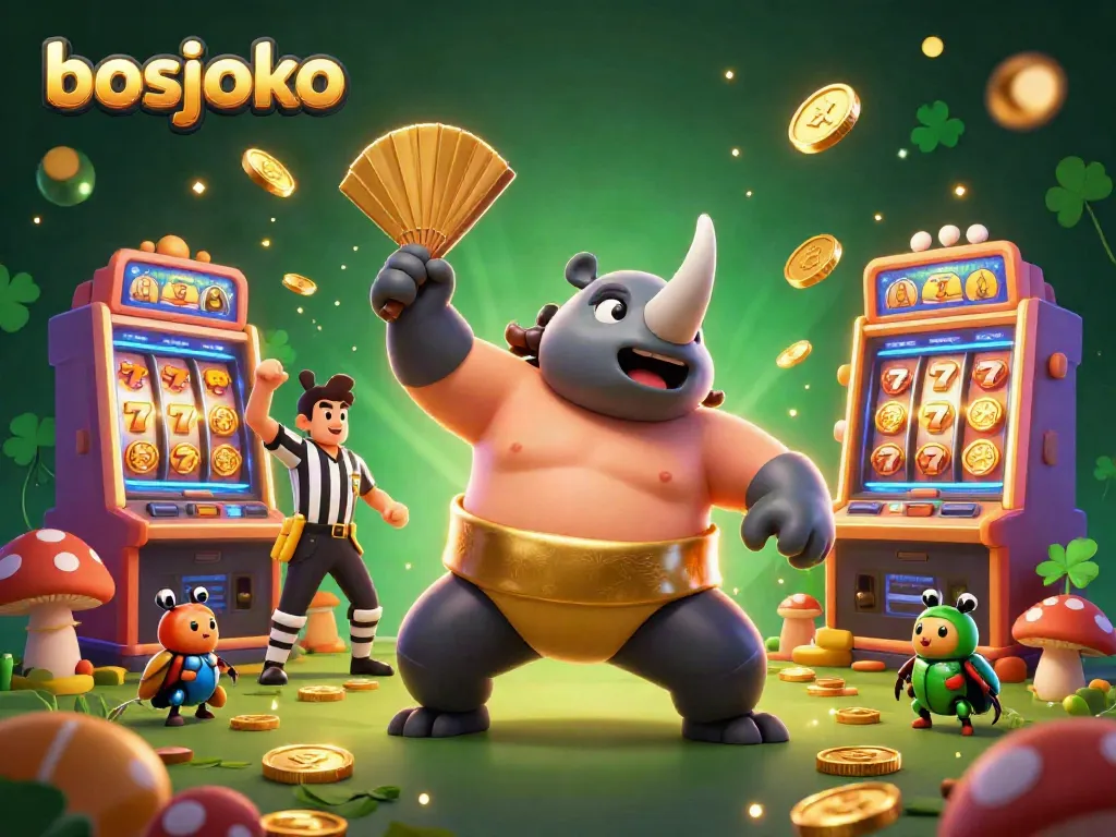 Experience thrilling gaming with bosjoko in this vibrant 3D casino illustration featuring dynamic characters and colorful slot machines.