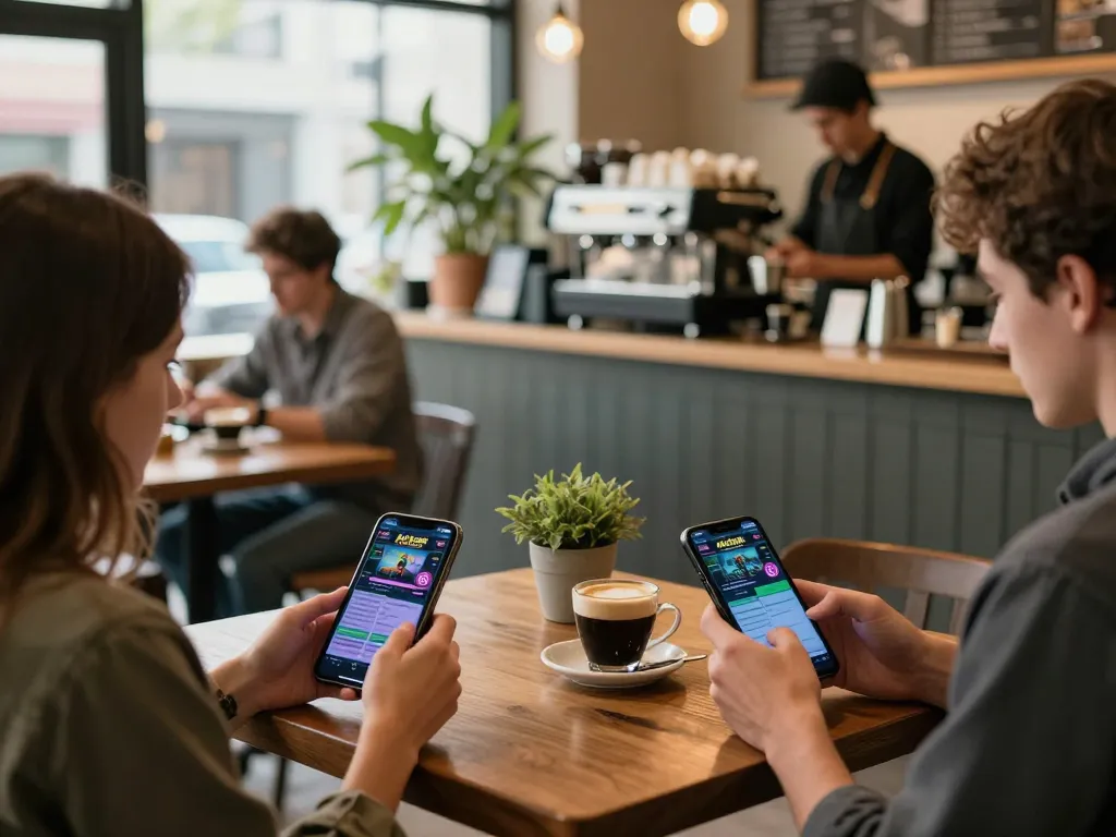 Kaisar 888 users enjoying online gaming on mobile devices in a stylish cafe atmosphere.