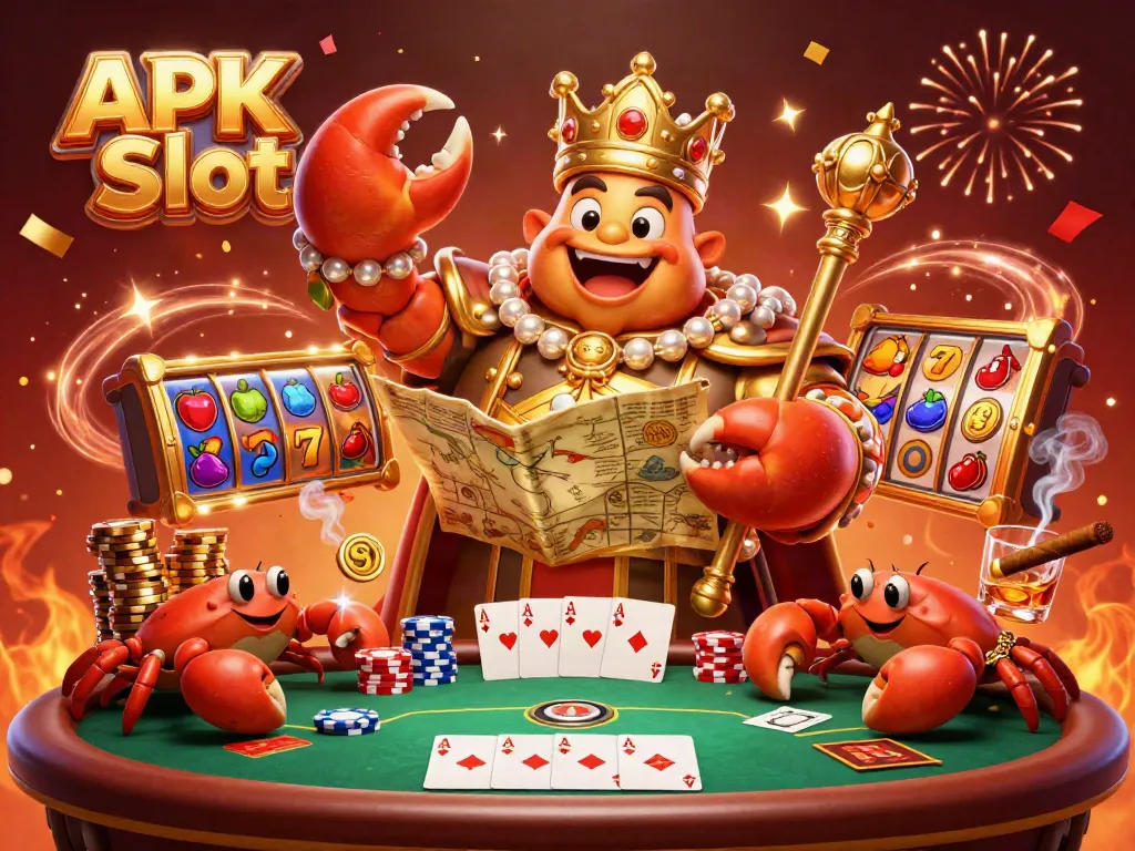 Spin to win with APK Slot in a vibrant, detail-rich casino illustration featuring slot reels and charming crab characters.