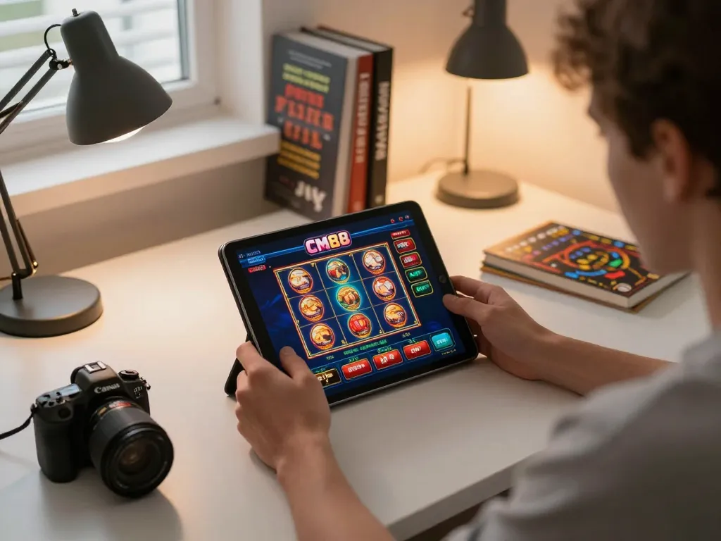 Player engaging in CM88 online casino gameplay on a tablet during a cozy home session