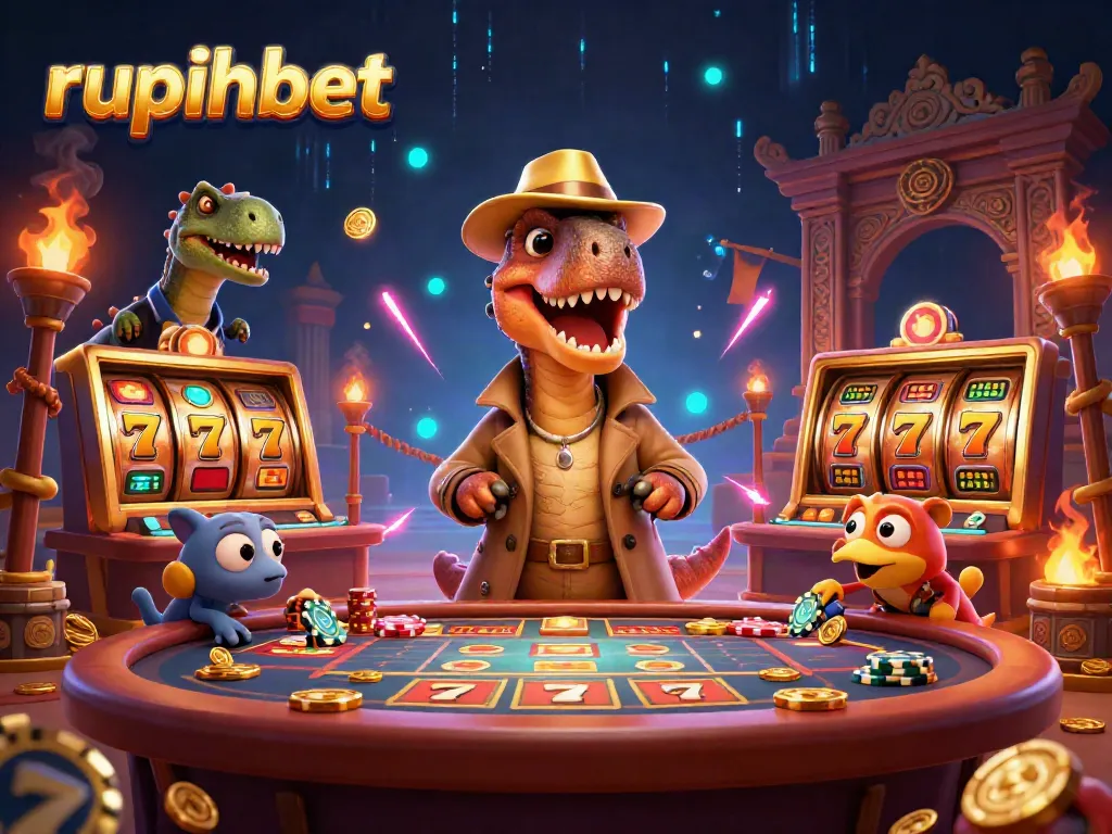 Engage with 3D cartoon velociraptor card counter at rupiahbet while sneaky compy steals chips.