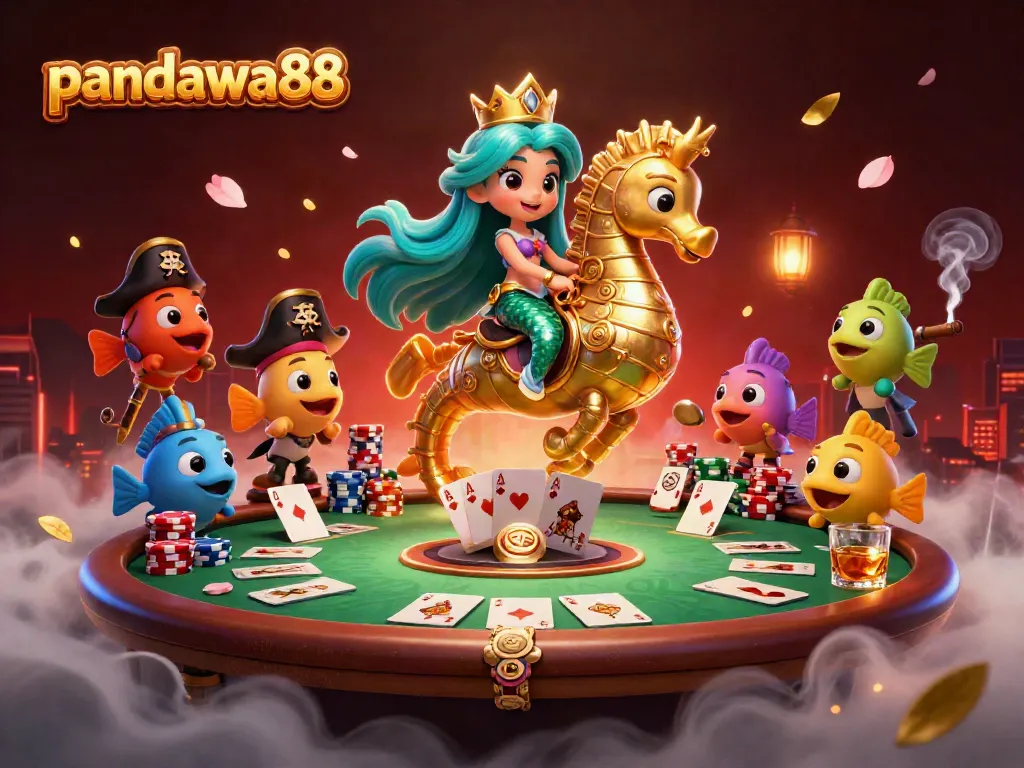 pandawa88 putri duyung di kasino, dikelilingi chip poker dan ikan kartun yang menggemaskan