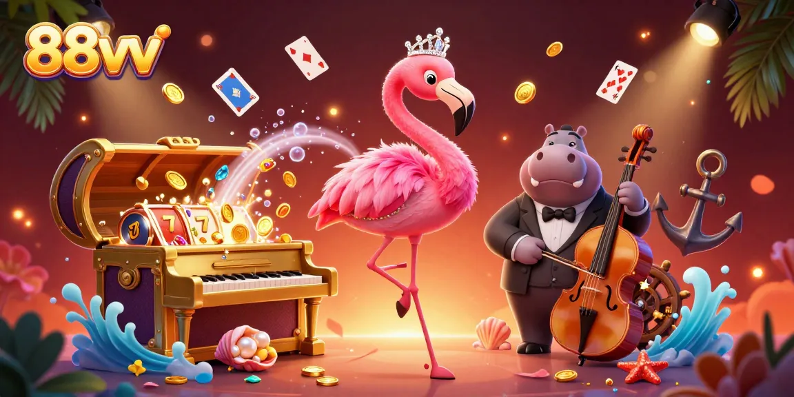 Join the fun with 88vv as flamingos and hippos entertain in a vibrant casino scene.