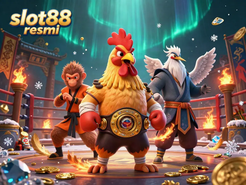 Engage in thrilling adventures at slot88 resmi, featuring vibrant cartoon characters in a dynamic casino scene.
