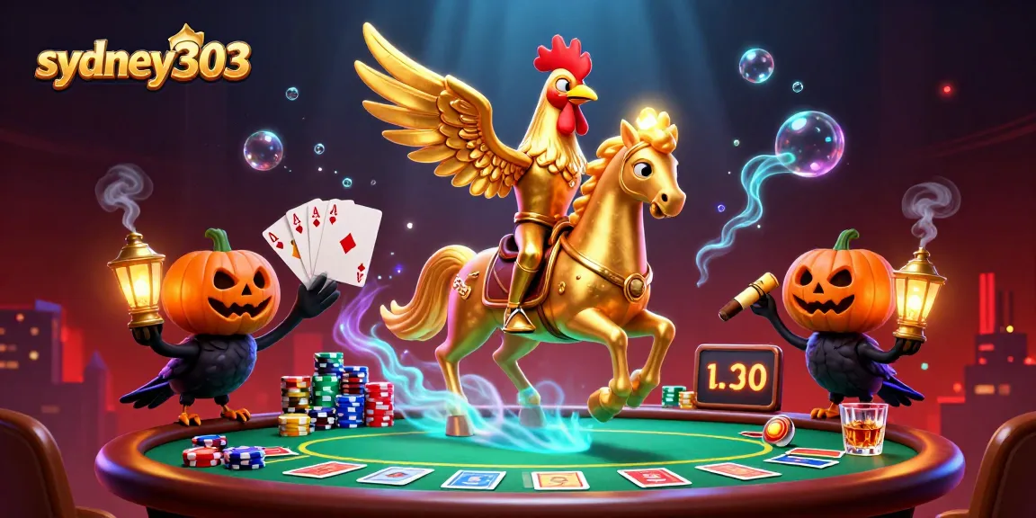 Mengguncang peluang sydney303, gambar digital ilustrasi kasino dengan elemen poker mewah dan karakter mencolok.