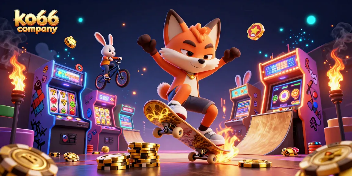 Experience thrilling gaming with ko66 company’s vibrant casino-themed illustration featuring energetic characters.
