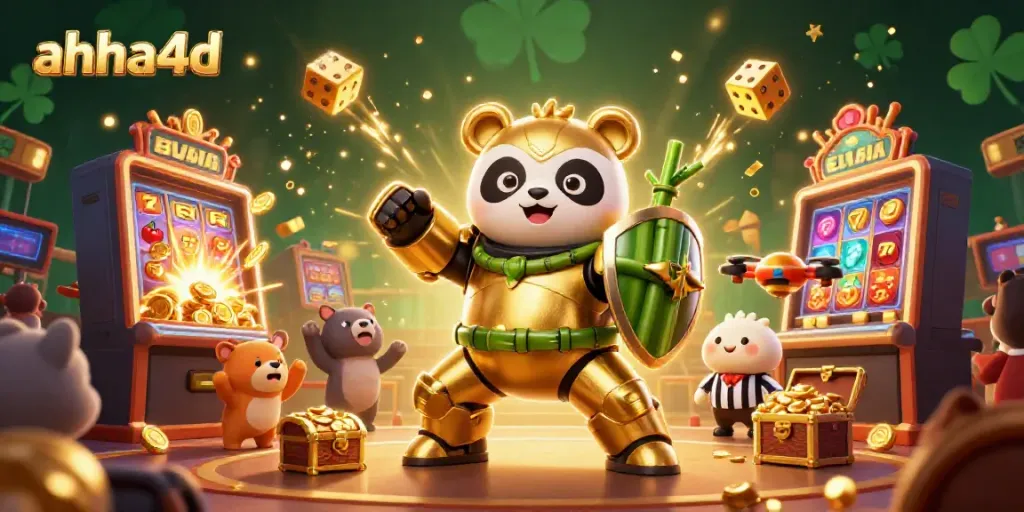 Mengguncang permainan slot di ahha4d dengan robot ninja panda, mesin slot, dan peti harta penuh koin emas.