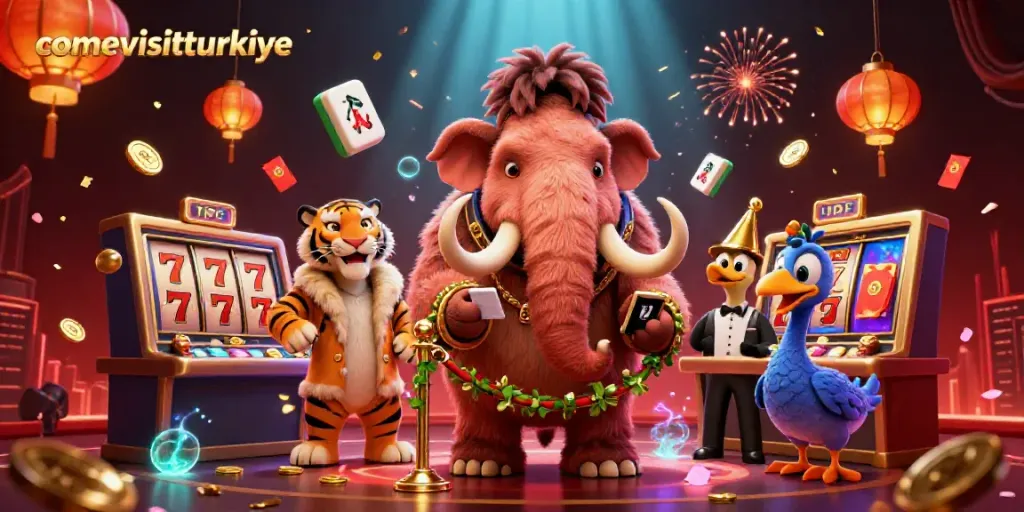 Gambar animasi 3D petugas kasino dari comevisitturkiye memeriksa ID di pintu, dengan elemen slot dan jackpot.