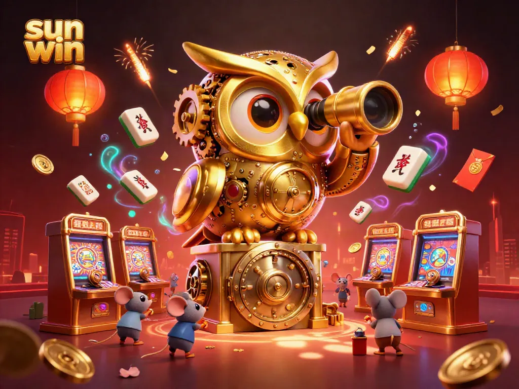 Experience the vibrant world of sun win, featuring a golden owl scanning a bustling casino.