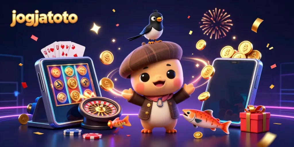 Engage in the extraordinary world of jogjatoto with a playful scene of cartoon characters and thrilling gaming elements.